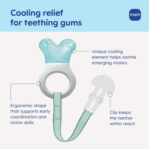 (2 Pack) MAM Mini Cooler Baby Teether with Clip Cooling Teething Rings for Teething Relief, Lightweight Easy-Grip