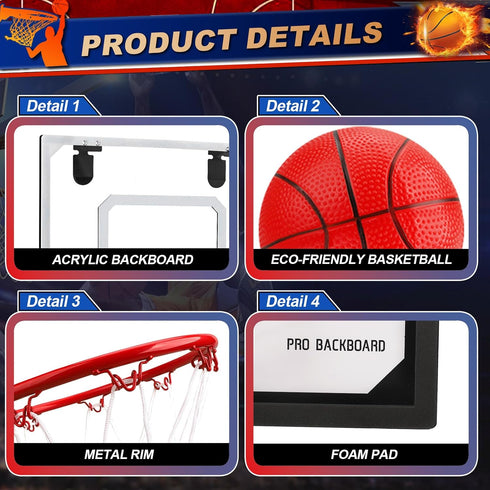 Mini Indoor Basketball Hoop for Door, Over Door Hoop with Large 9 Inch Dunk Rim and 4 Mini Basketballs
