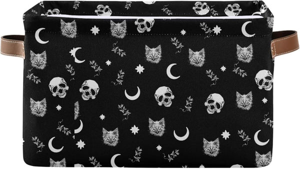 Storage Basket Bin with Skull Cat Moon Gothic Pattern, Collapsible Organizer Basket for Nursery Bedroom