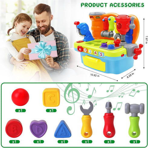 Musical Learning Workbench Baby Toys for 1 Year Old Boy Girl, Early Educational Sound Shape Tool Set for Kids Age 1-2