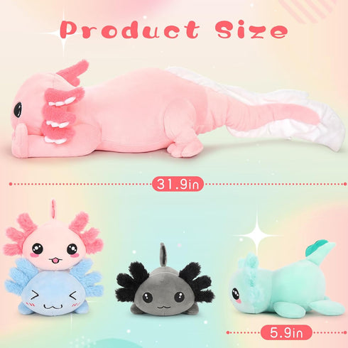 Tezituor Giant Axolotl Stuffed Animal with 4 Babies Inside, 31.5" Soft Realistic Plush Pillow Toy for Boys Girls