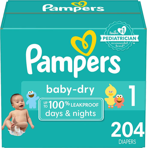 Pampers Baby Dry Diapers, Size 1, 204 Count, Absorbent Disposable Diapers