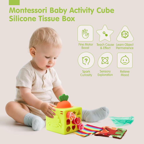6-12 6 6-in-1 9 hahaland Silicone Baby Tissue Box Toy - Baby Toys Months Montessori Toys for Month Old Babies, Soft