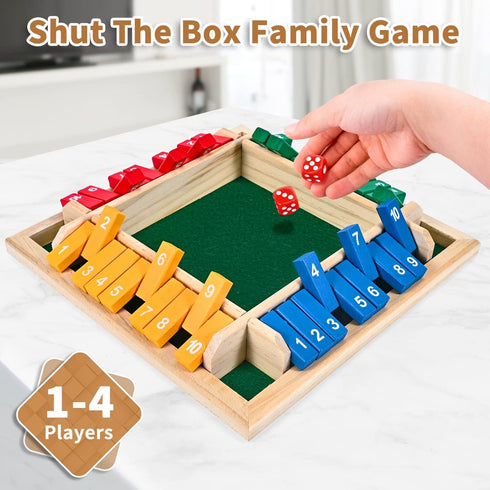 Shut The Box Dice Game for 1-4 Players - Traditional Wooden Pub Bar Board Game with 10 Numbers for Kids and Adults