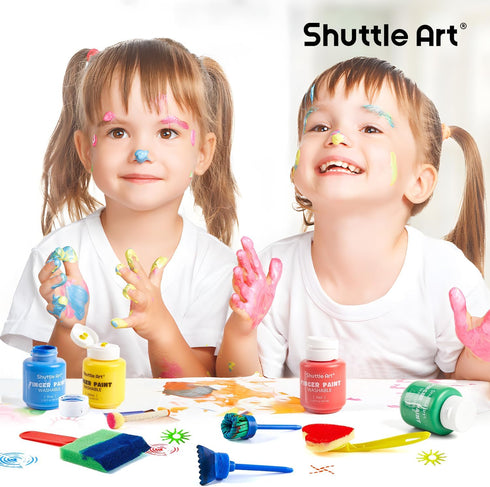 Set, 53 14 (2 oz), Shuttle Art Washable Finger Paint PCS with Colors fl Paint Brushes, Sponge, Palette, Non-Toxic