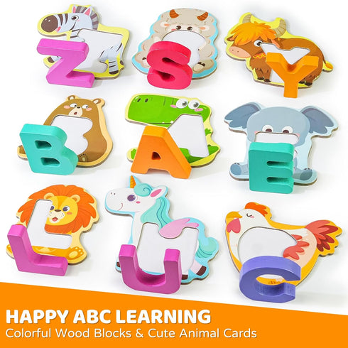 3 4 5 BEESTECH Animal Alphabet Flash Cards, Wooden Letter Puzzle, Educational ABC Learning Toys for Year Old Boys Girls