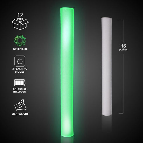 Fun Central LED Foam Sticks - 12 Pack, 16-Inch, 3 Light-Up Modes for Mardi Gras & St Patricks Day (Green)