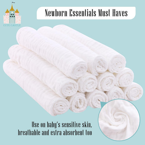 Cute Castle 12 Pack 100% 20'' 10'' Muslin Burp Cloths for Baby - Ultra-Soft Cotton Baby Washcloths - Large by Super