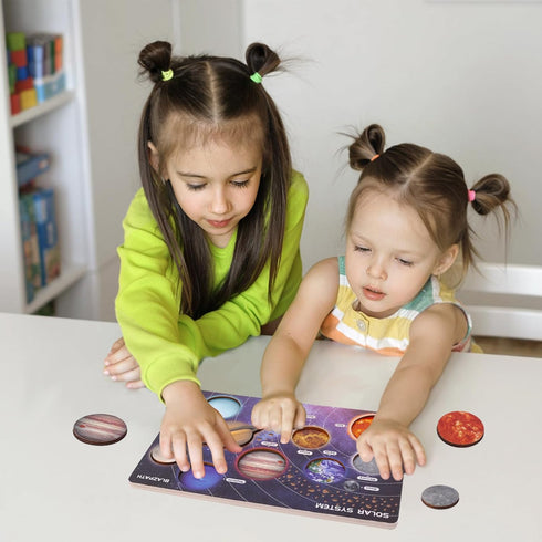 Planet Solar System Space Wooden Puzzle Toys for Kids - Preschool Solar System Planets Matching Board Activities