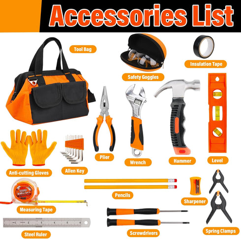 27-Piece Set 6+ Orange Kids Tool with Tool Storage Bag, Real Hand Tool Kit for Boys & Girls, Child Learning Tools