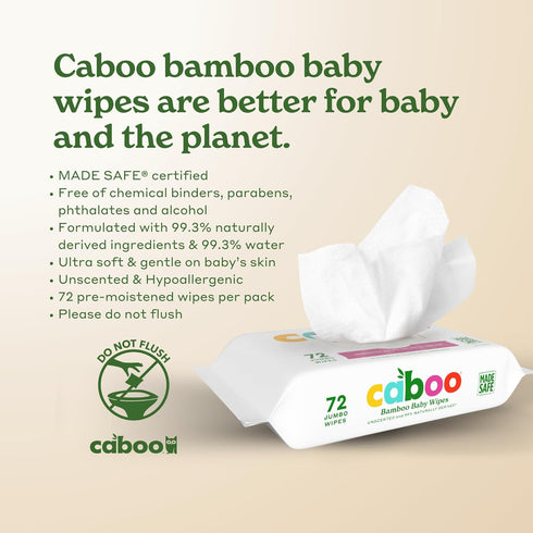72 Pack, 216 Caboo Baby Wipes, Made with Bamboo Viscose, Certified Made Safe Ingredients, Unscented Baby Wipes Good