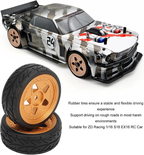 VBESTLIFE RC Car Tires, Aluminum Alloy Rubber Wheel Rims Replacement for ZD Racing 1/16 S16 EX16 (2Pcs)