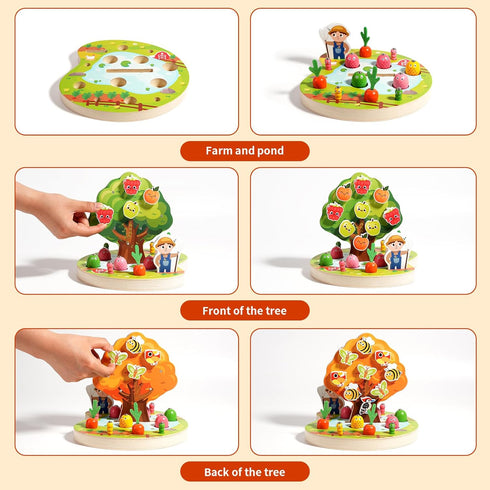 3-5 INIFEIDALA Montessori Wooden Preschool Educational Toy Ages - Apple Picking Magnetic Fruit Tree, Shape Color