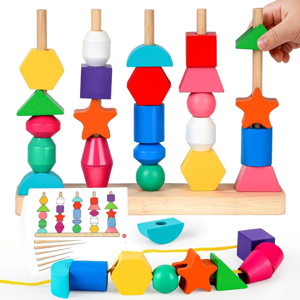 JRUXJWI Montessori Wooden Threading Beads Set for Toddlers 3 4 5, Bead Sequencing