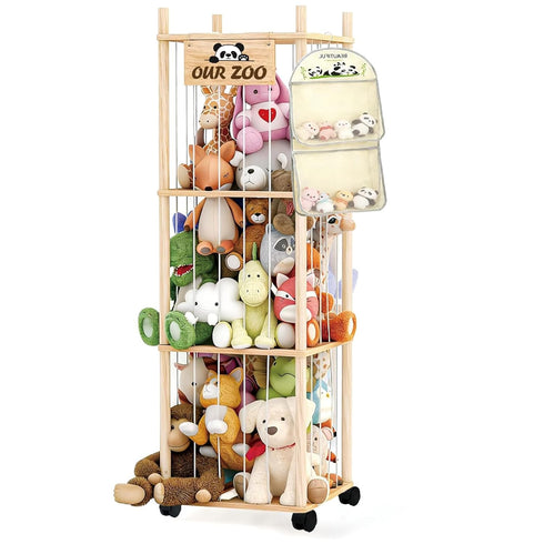 Thick&Thin Stuffed Animal Storage & Organizer, Wooden Zoo Toy Holder with Net,