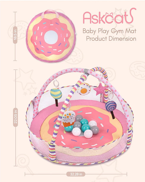 4-in-1 Tummy Baby Play Mat & Baby Play Gym,Baby Girl Play Mat Activity Gym, Pink Donut Time Mat for Babies