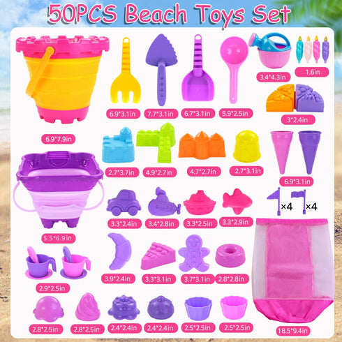 50Pcs 2 Backpack Summer Elovien Beach Sand Toys, Sandbox Toys with Collapsible Buckets, Mesh Bag, Shovels, Ice Cream