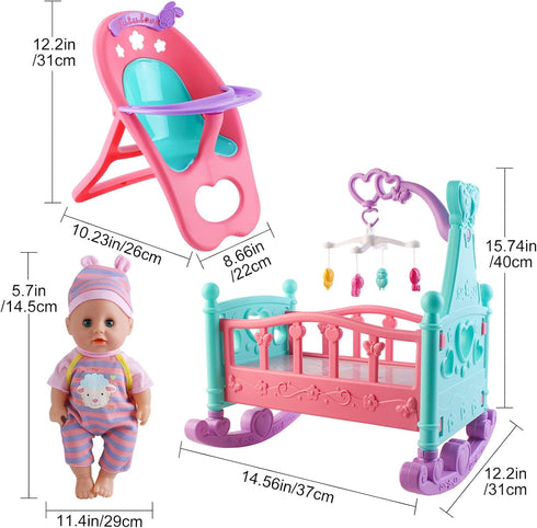 deAO Baby Doll Set with 20 Pieces Accessories, Crib Bed, High Chair, and Stroller Play Set