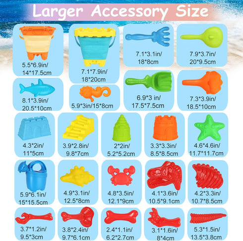 Set, 24PCS Backpack 2 Summer Elovien Beach Sand Toys Sandbox Toys with Mesh Bag Included Foldable Buckets Pails, Sand