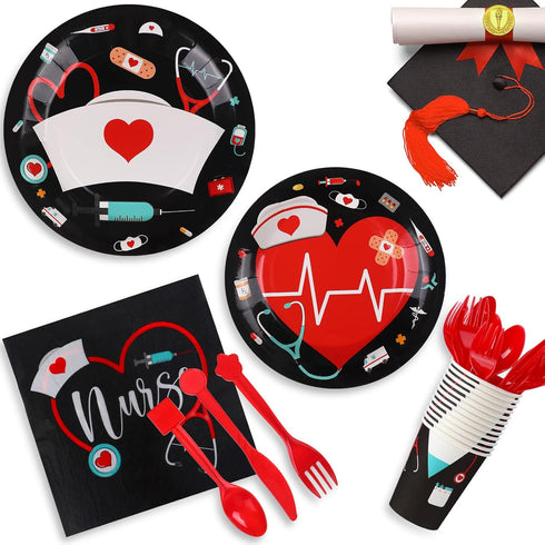 Yisong 168 Set 24 Pcs Nurse Graduation Party Decorations, Doctor Medical Birthday Tableware Guests Dinner Dessert