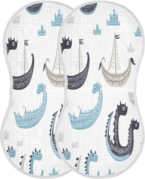 YETTASBIN 2 Packs Viking Dragon Ship Muslin Baby Burp Cloth, Super Soft Absorbent Cotton Burp Rag Baby Bibs Feeding