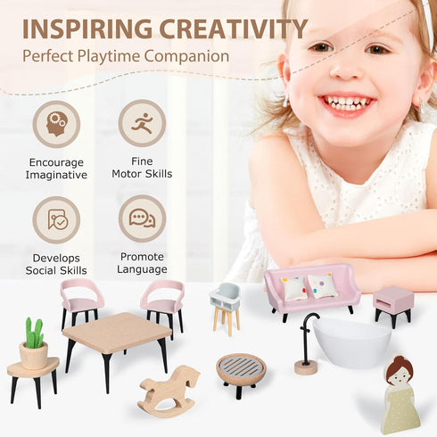 Set, 7 3 Set Set, Pithfor Wooden Dollhouse Furniture Dollhouse Accessories and Furniture, with Rooms Dolls, Includes