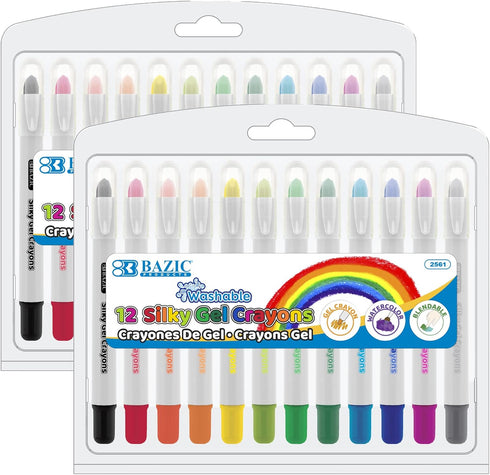 BAZIC PRODUCTS Silky Gel Crayons 12 Color, Washable Blendable Non Toxic Watercolor