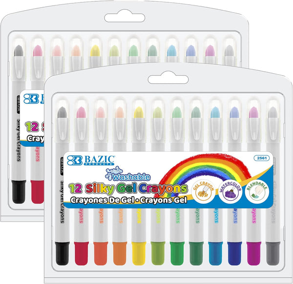 BAZIC PRODUCTS Silky Gel Crayons 12 Color, Washable Blendable Non Toxic Watercolor