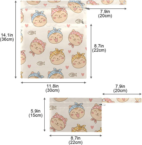 Burbuja 2 Pack, 2 Cat Fish Wet Dry Bags for Baby Cloth Diaper Waterproof Reusable Wet Bag with Zippered Pockets