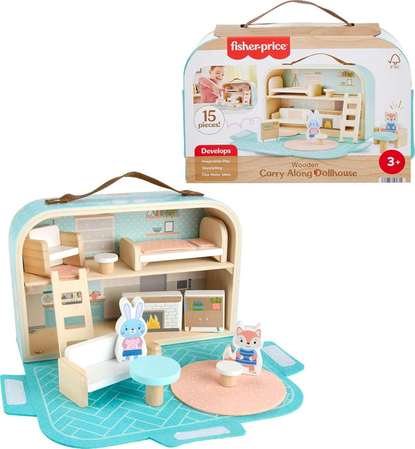 Fisher-Price Wood Pretend Play Toy Dollhouse Carry Along, 15-Piece Wooden Portable Playset