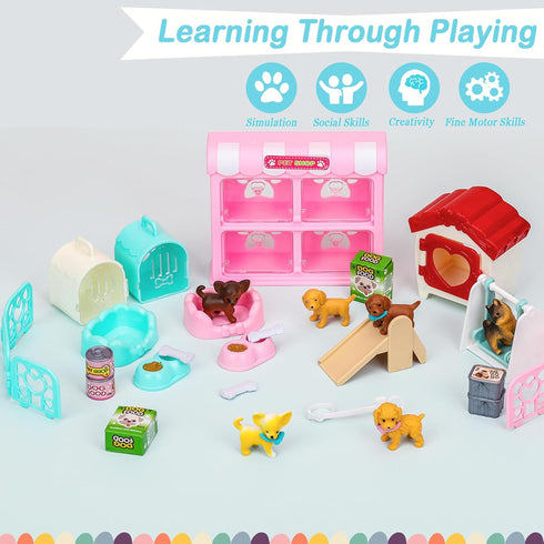 32Pcs Dog Toys Playset for Kids Pretend Play Interactive Puppy Role Play Set Realistic Dogs Care Center Birthday Gifts