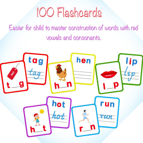 100 Short Vowel Spelling Flashcards, Handwriting Cards to Learn CVC Sight Words for Kindergarten Learning Activities,