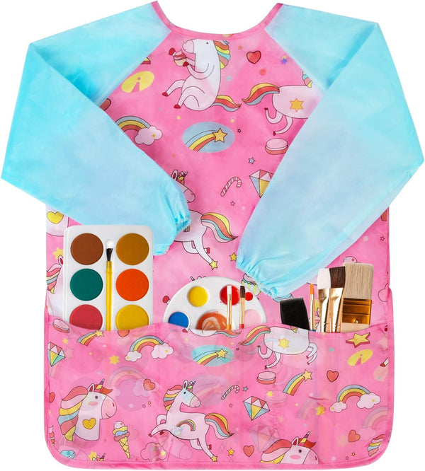 Bassion Smocks for Kids, Toddler Art Smock Waterproof Long Sleeve with 3 Pockets for Age 2-6 Years