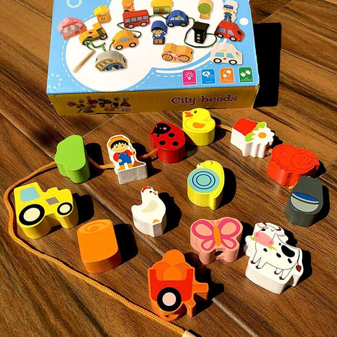 Lacing Farm Toy Wooden Block Set, Early Educational String & Lacing Beads Games for Toddlers Learning Play
