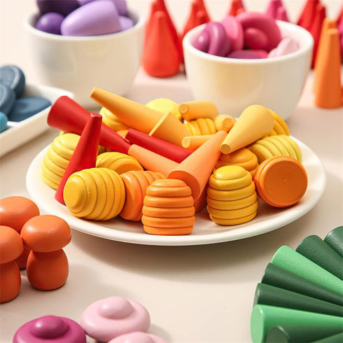 MIKNEKE 162 Wooden Loose Parts Sensory Bin Filler Toys - Mandala Rainbow Stacker Open Ended Educational Toys