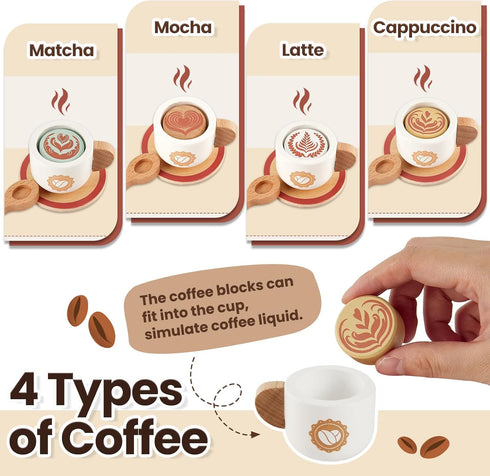 Playset 3 4 5 BUYGER Toy Coffee Maker for Kids, Wooden Coffee Pretend Play Kitchen Accessories Gifts for Ages Year Old