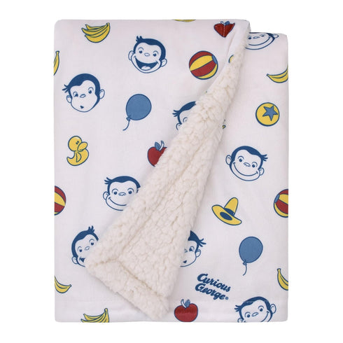 Welcome to The Universe Baby Blanket, Super Soft Sherpa with Curious George, White, Blue, Red, Yellow Balloons