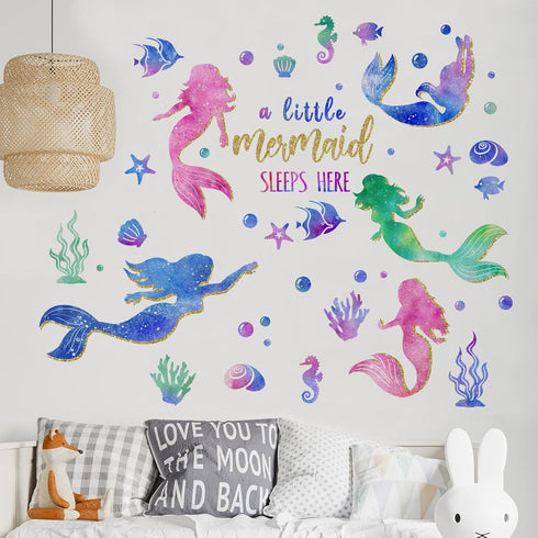 Yovkky Baby Girls Mermaid Wall Decals Stickers, Under The Sea Ocean Creatures Coastal Fish Bubble Glitter Nursery Kids