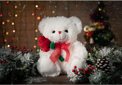 12 Inches HollyHOME Teddy Bear Stuffed Animal Rose Bear with Red Bow Soft Plush Toy Holiday Toy Gift White