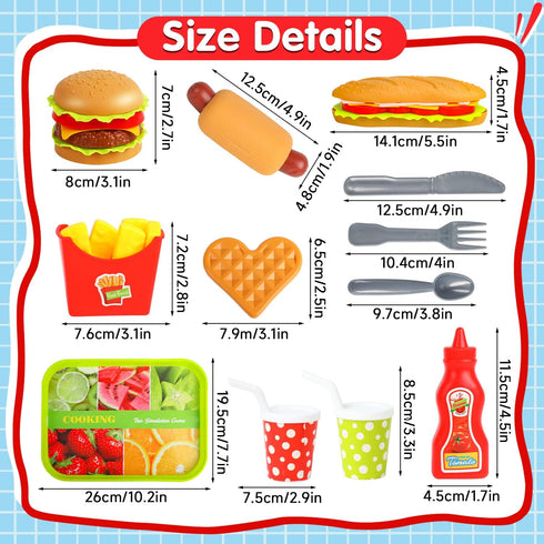 Pretend Play Food Set, Hamburger Fries Pizza Popcorn Toys, Role Play Educational Gift for Kids Boys Girls