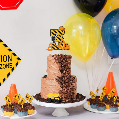 Construction 3rd Birthday Cake Topper for Kids, Truck Excavator Forklift Dump Bulldozer Party Supplies