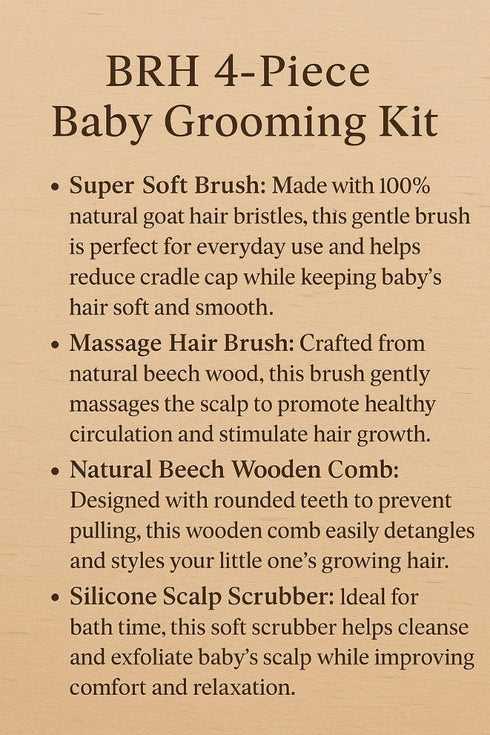 BRH 4 Set, Set Piece Wooden Baby Hair Brush and Comb Wooden Baby Care Kit with Soft Goat Bristle Brush,Baby Massage
