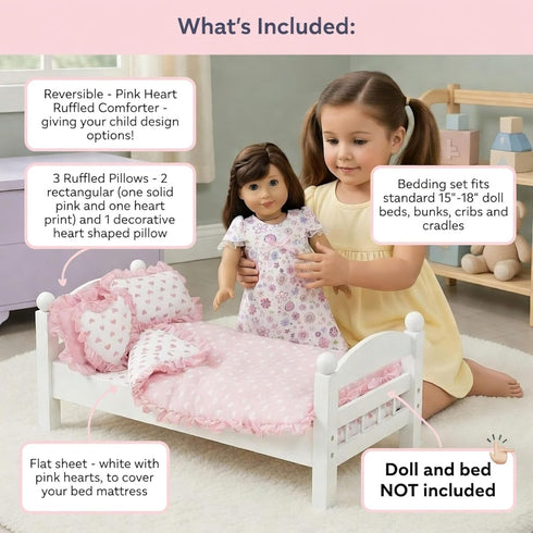 18" Set 5 Emily Rose Doll Pink Heart Valentines Bedding Pc Doll Bed Bedding & Bedroom Accessories with Comforter