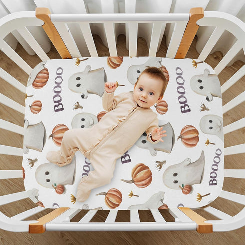 Mazeann 52" 28" 9" Ghosts Pumpkins Halloween Crib Sheets Soft Breathable Fitted Baby Crib Sheets Mattress Cover
