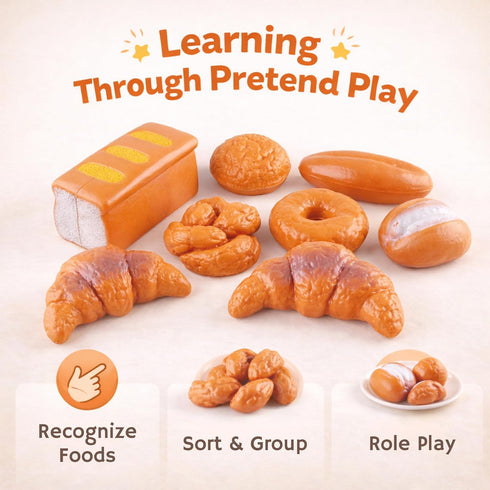 12 Set, Playset PCS Fake Bread Pastries Life Sized Plastic Pretend Play Food Toy Kids Bakery Grocery Kitchen