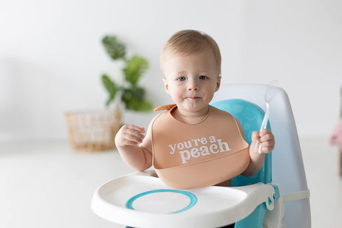 Pearhead Silicone Bib Set of 2, You're a Peach Dishwasher Safe Bibs with Food Catcher, Earth Tone Baby Bib Set, Baby Feeding Accessory for New Parents and Expecting Parents, 2 Baby Bibs