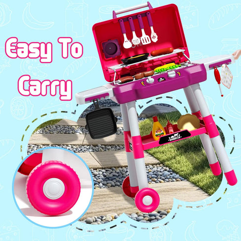 Playset 2 3 4 5 6 7 8 Kid Toy Grill, BBQ Grill with Light Sound, Smoke Effect and Wheels, Pretend Food, Little Chef