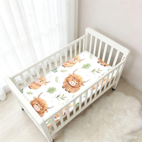 CZXW 52" 28" Cute Highland Calf Crib Sheets Fitted x Natural Cotton Soft & Breathable for Baby Crib Mattress
