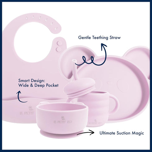 LE PETIT LEO Set Silicone Baby Feeding - Complete Baby Led Weaning Supplies with Non-Toxic Silicone Bibs, Suction