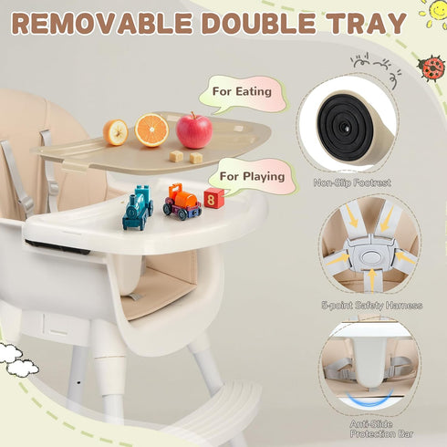 3-in-1 5-Point Ktaxon Baby High Chair, Portable Adjustable Height Highchair with Removable Dual-Layer Tray, Safety